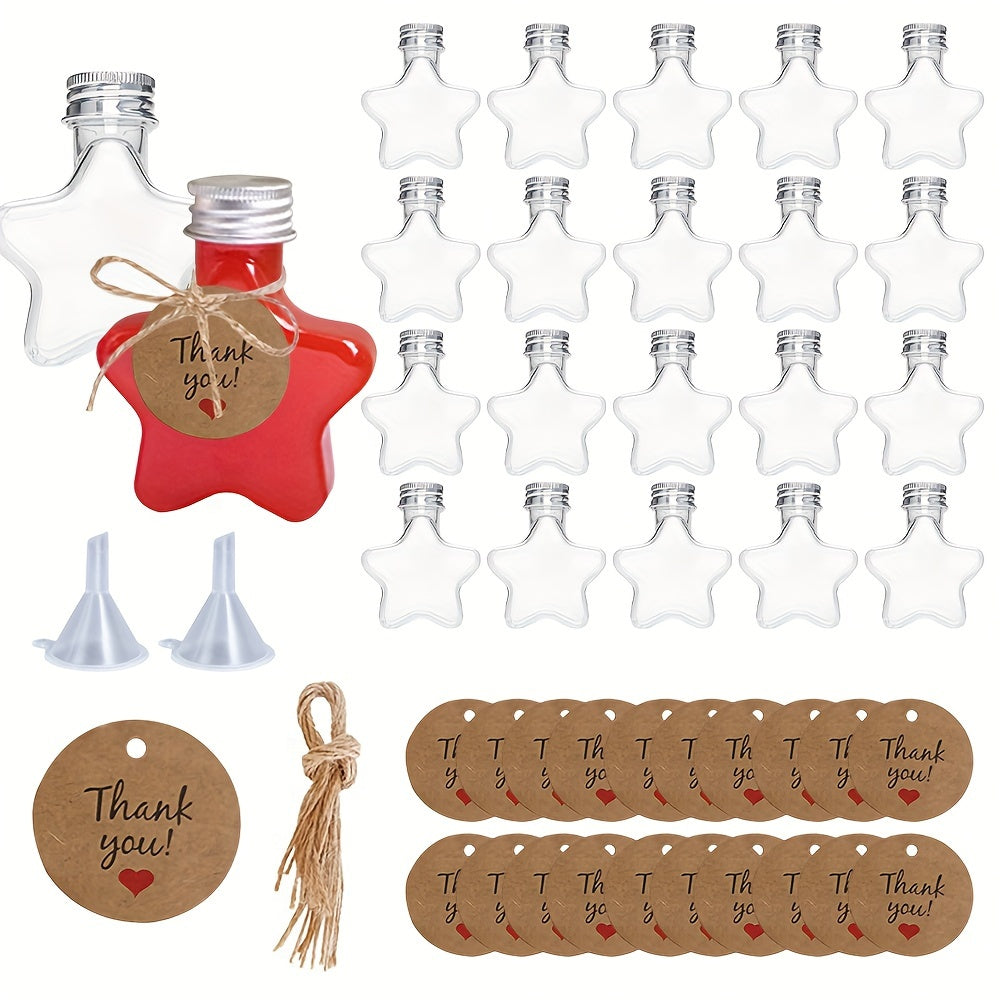 A set of 10/20/30 star-shaped mini wine bottles with 1.7oz capacity, includes 2 funnels, 20 thank-you labels with ropes. Perfect for Christmas parties, birthdays, weddings, and other events. Can be used for wine, juice, alcohol, or homemade wine.