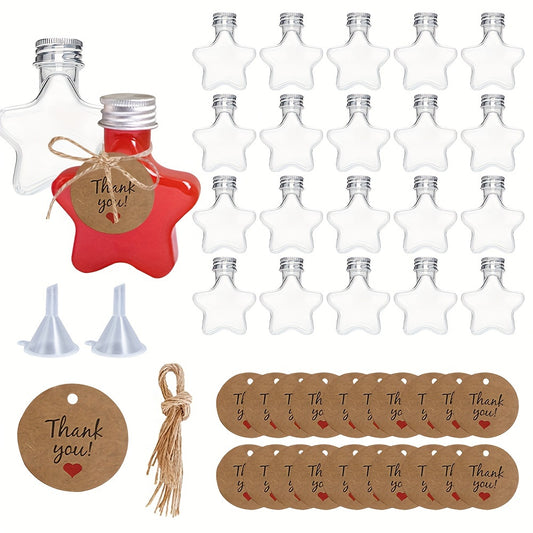 A set of 10/20/30 star-shaped mini wine bottles with 1.7oz capacity, includes 2 funnels, 20 thank-you labels with ropes. Perfect for Christmas parties, birthdays, weddings, and other events. Can be used for wine, juice, alcohol, or homemade wine.