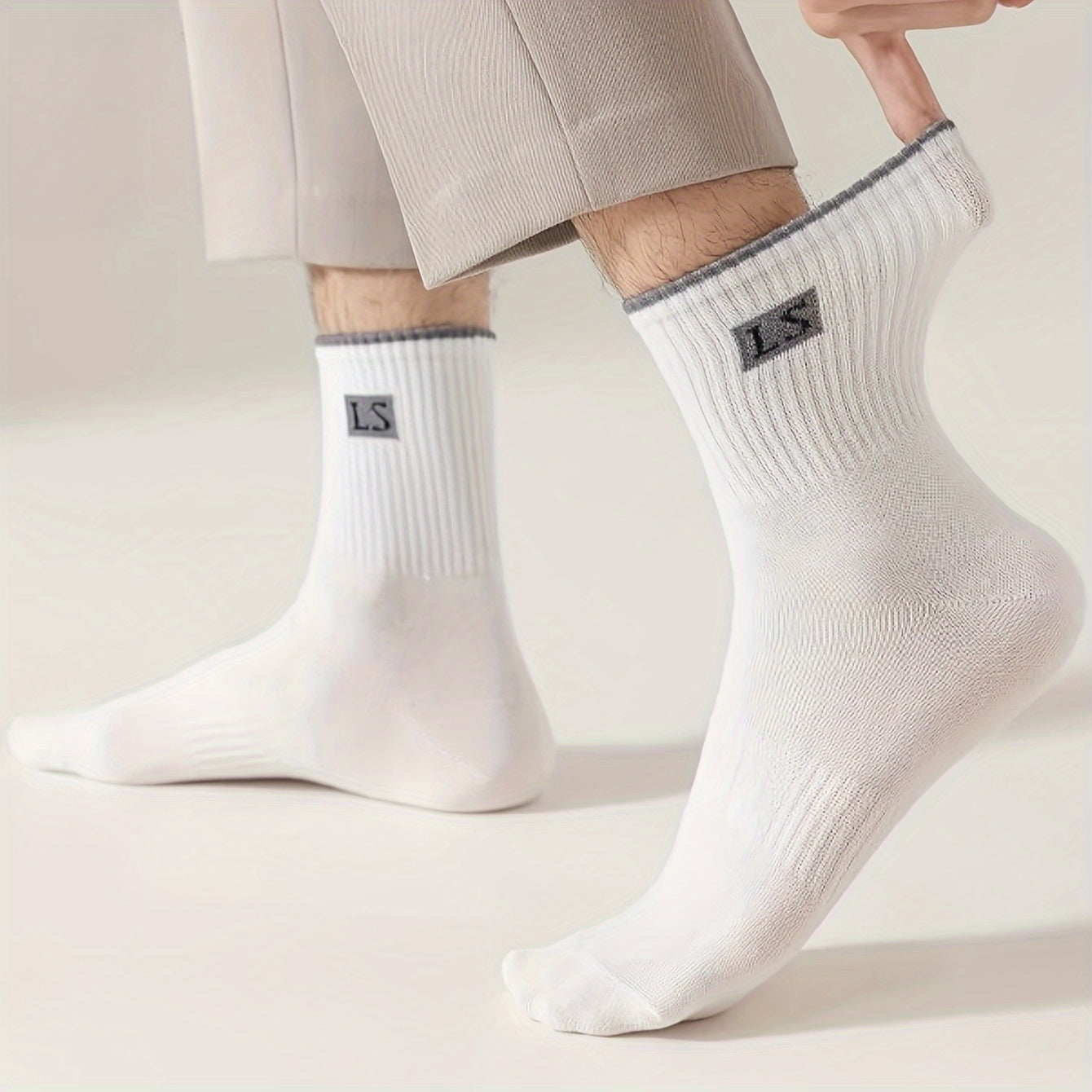 5 pairs of men's trendy solid crew socks, breathable and comfy for outdoor and all-season wear.