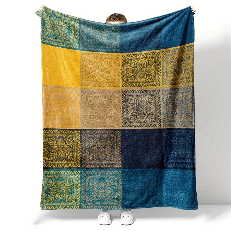 Soft and skin-friendly Bohemian throw blanket with a contemporary style and mixed colors. Made of flannel with a knitted design and digital print, this polyester blanket weighs between 200-250g per square kilogram, making it perfect for all seasons.