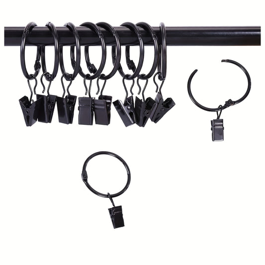 Rustproof stainless steel curtain rings with clips and hooks in vintage black finish. Easy to install and decorative hangers for tension rod brackets. Available in 10 or 20 pieces.