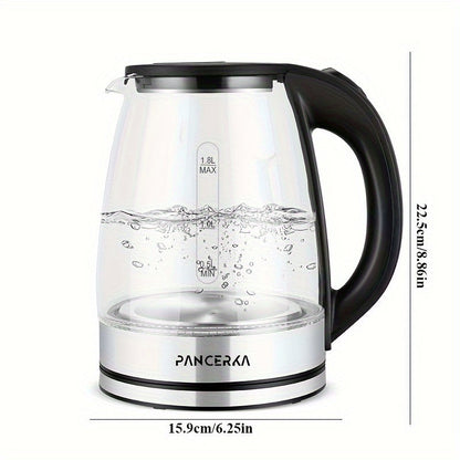 '-1 piece of -PANCERKA- Electric Kettle designed for making coffee and tea. It has a 1.8L capacity and operates at 1500W. Made from durable Borosilicate Glass with an easy-to-clean wide opening. Features include an auto shut-off function, cool touch