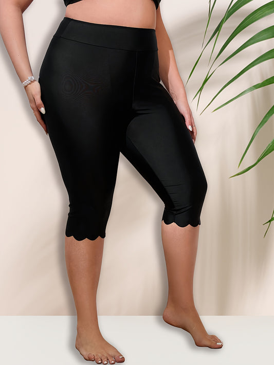 Plus size high waist swim capris pants with scallop trim for women's water sports.