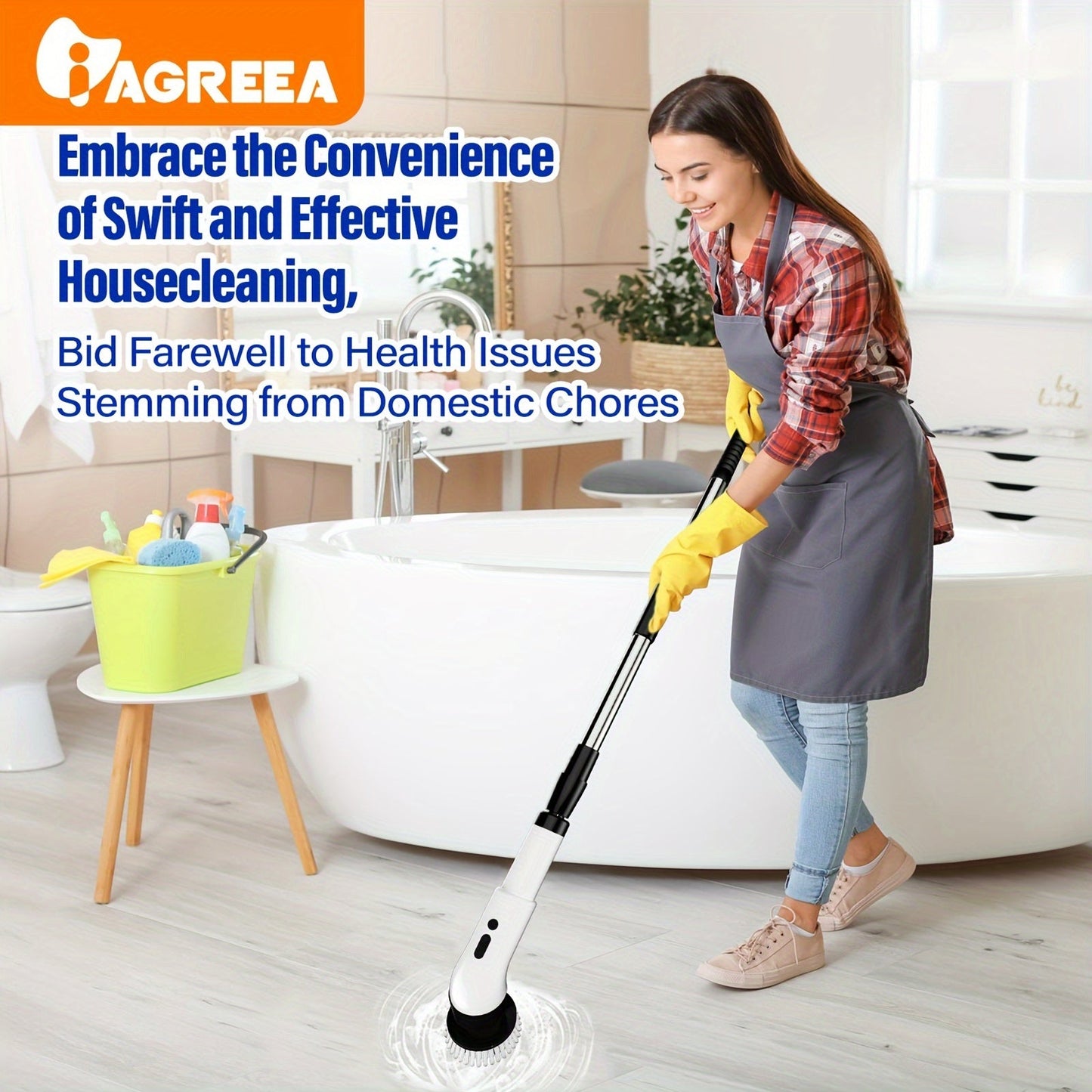 Introducing the IAGREEA Electric Rotating Washer, an innovative cleaning tool with 3 adjustable speeds. This cordless electric rotating brush comes with 9/6 interchangeable brush heads and an adjustable extended handle. Perfect for cleaning tiles