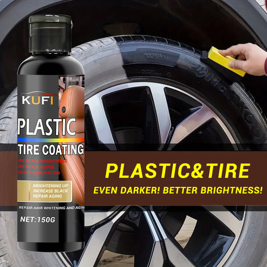 150g Kufi Plastic & Tire Coating Agent for car interior and tire restoration. Enhances shine, repairs scratches, and provides glossy finish with ABS resin coating.