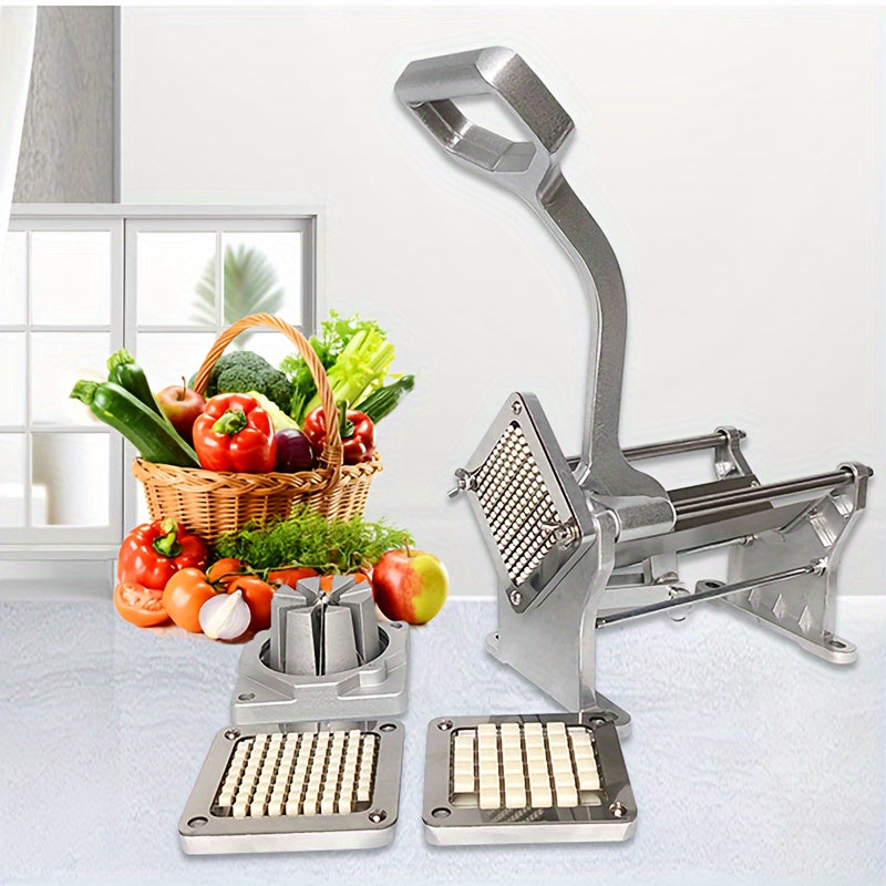 One piece of kitchen equipment, includes a French fry cutter, fruit cutter, vegetable cutter, potato slicer, vegetable chopper, onion chopper, food chopper. A must-have for your kitchen with various uses and functions.