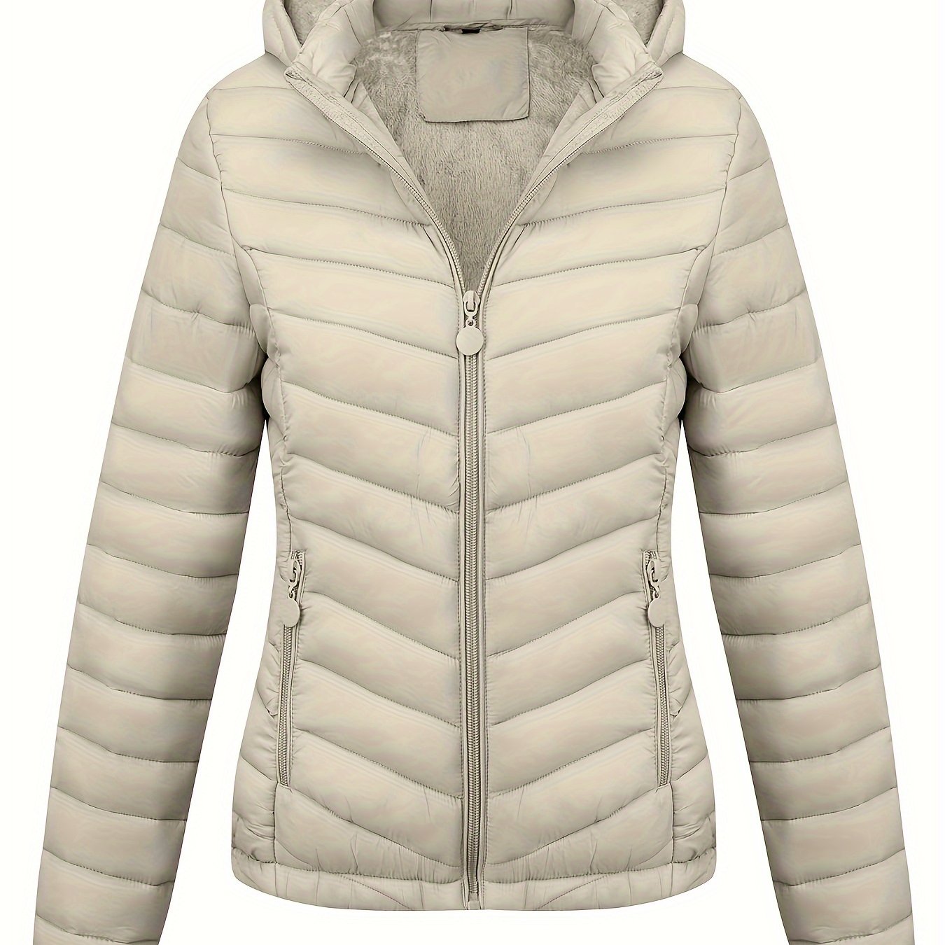 Zip-up Puffy Coat with Slant Pockets for Fall & Winter, Women's Clothing