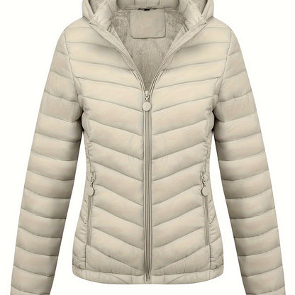 Zip-up Puffy Coat with Slant Pockets for Fall & Winter, Women's Clothing