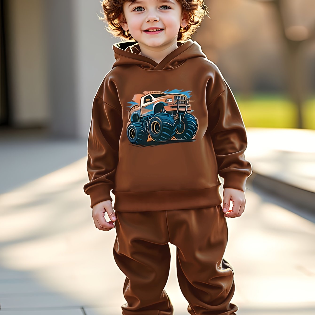 Boys' Cozy Fleece-Lined Hoodie & Jogger Set featuring a vibrant truck print - Ideal for outdoor activities in fall/winter.