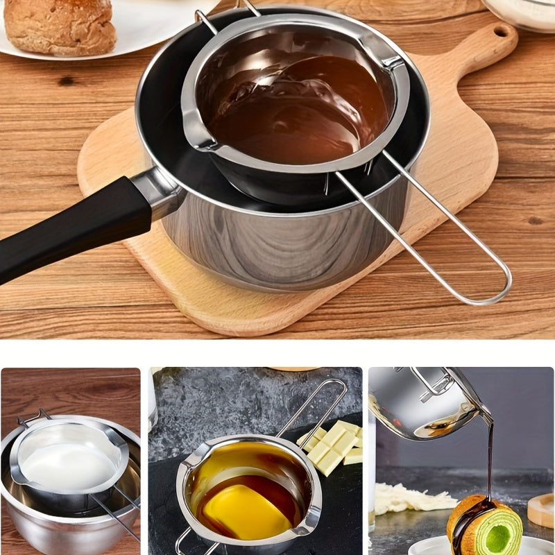 Stainless steel pot with dual nozzle handle for melting chocolate, butter, and cheese. Great for melting candy and candles, heated by water or wax.