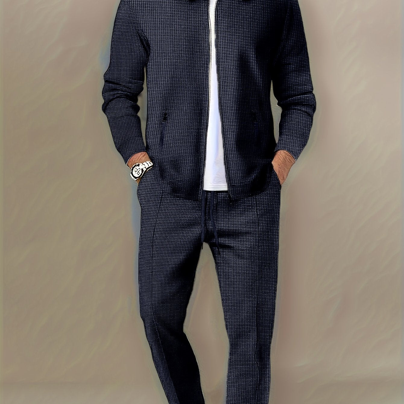 Polyester sports suit with waffle texture, casual lapel jacket and long pants set with zipper detail, solid color loose knit fabric, long sleeves, full polyester composition.