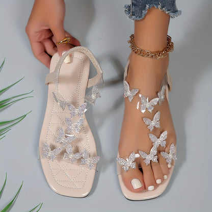 Women's Rhinestone Butterfly Flat Sandals, Open Toe Summer Shoes, Elastic Band Sandals