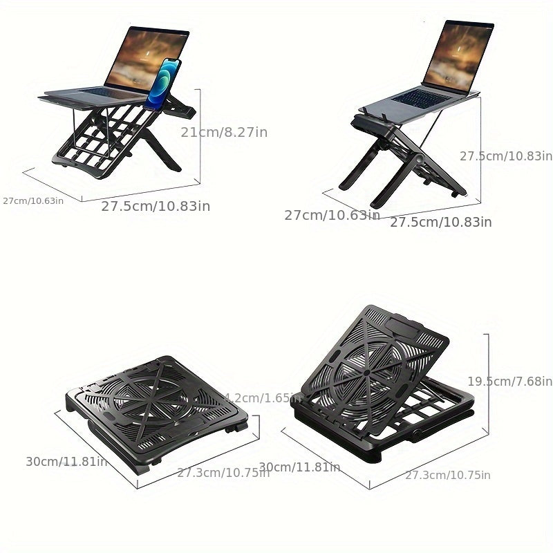 Adjustable laptop stand for 43.94cm laptops with phone holder, durable ABS material, ergonomic design, sturdy metal frame.