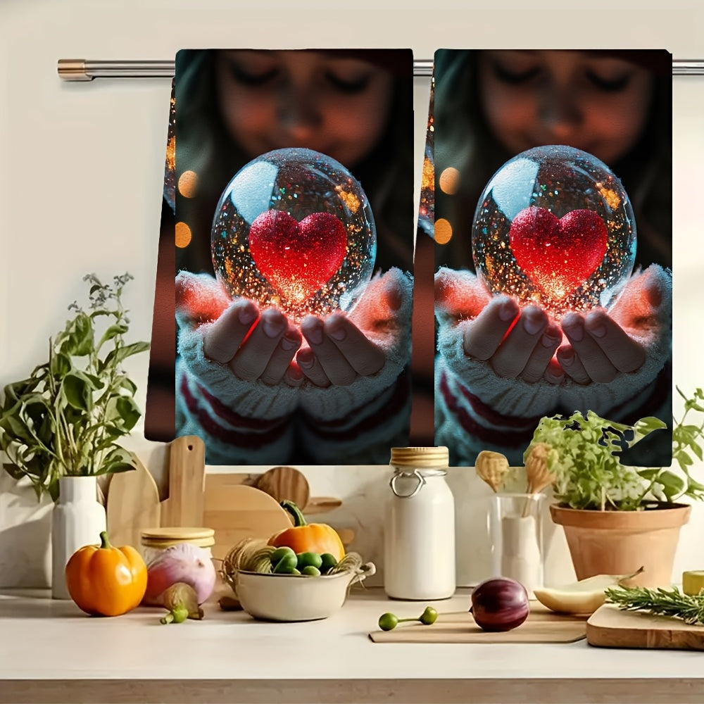 This bundle includes 2 ultra-soft kitchen towels adorned with a charming image of a girl delicately shaking a heart-shaped snow globe. These dish towels are highly absorbent, perfect for adding a festive touch to your holiday decor. They are machine