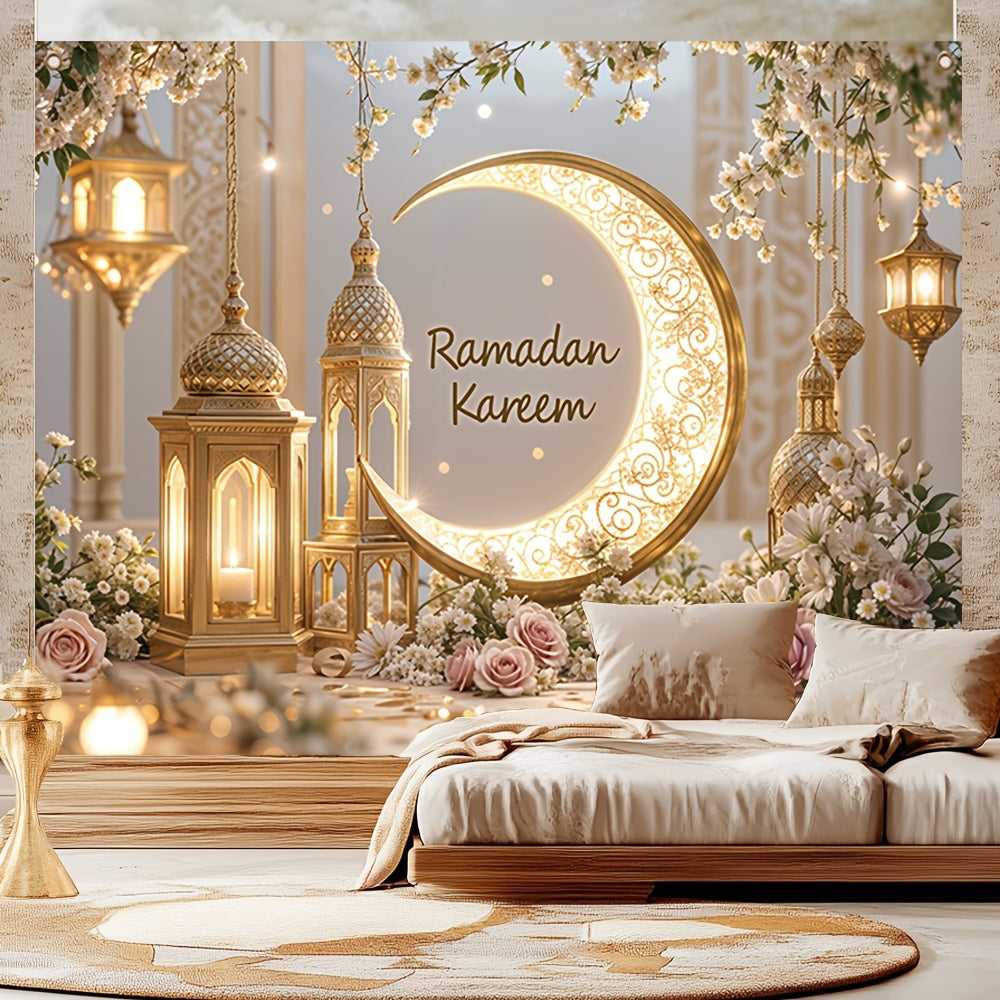 1pc Elegant Ramadan Mural Banner, Polyester with Golden Crescent Moon and Lantern Design, Durable Wall Decor for Room and Party, Festive Home Decoration for New Year and Eid Al-Fitr