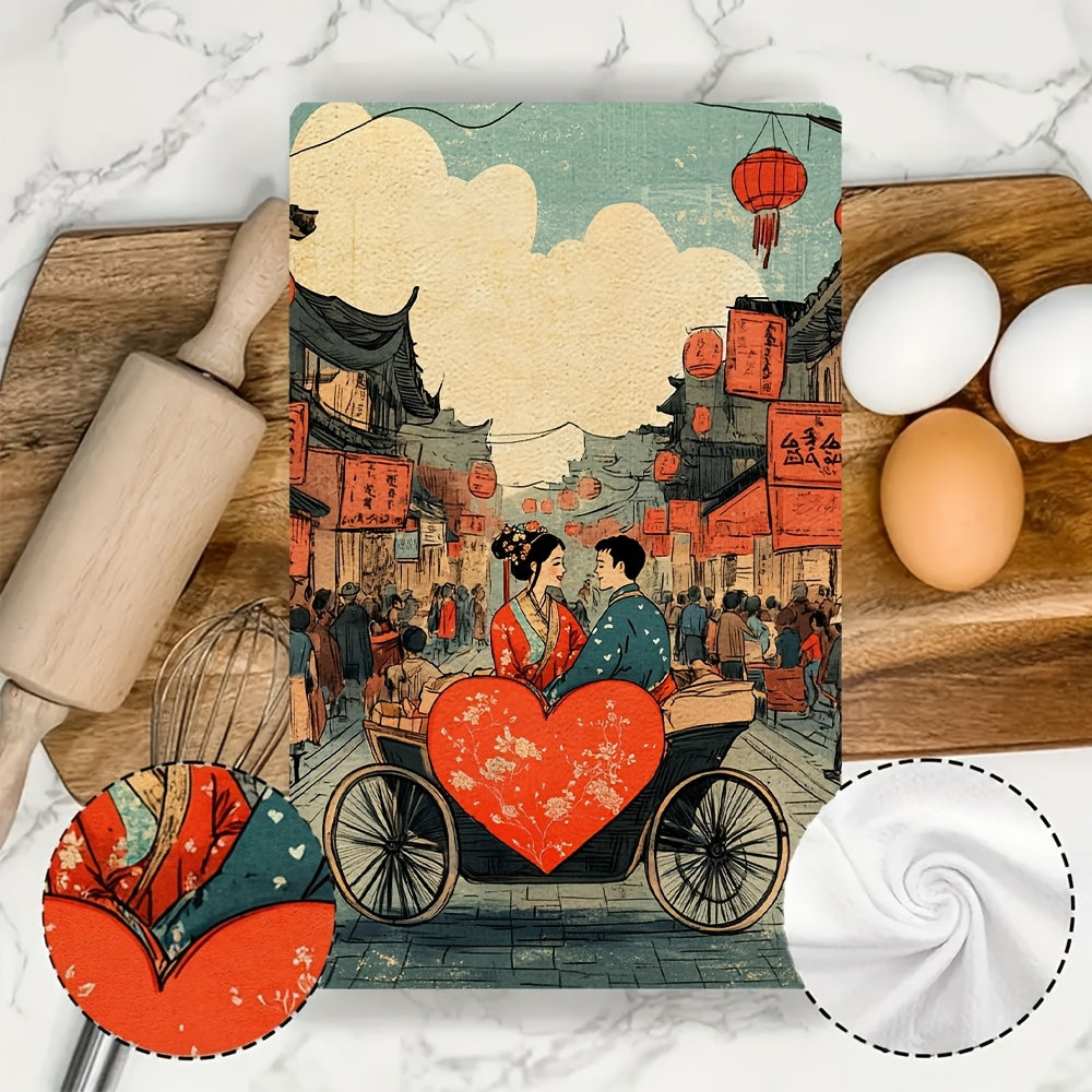 These kitchen towels are luxuriously soft and feature a charming illustration of a couple in traditional Chinese clothing, riding a heart-shaped rickshaw through a bustling street market. They are not only highly absorbent but also perfect for holiday