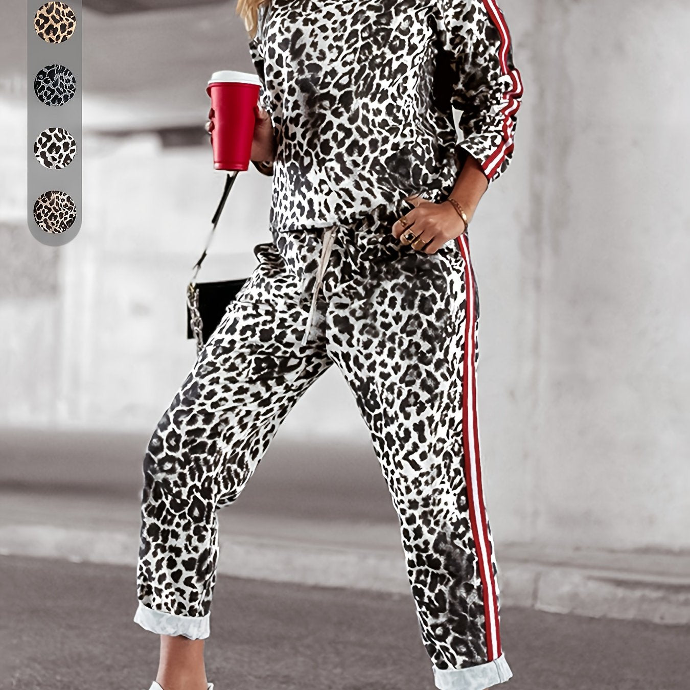 Women's two-piece set for spring and autumn, featuring a soft and comfortable long sleeve top and pants with a loose fit and stylish leopard print. Ideal for commuting with added pockets.