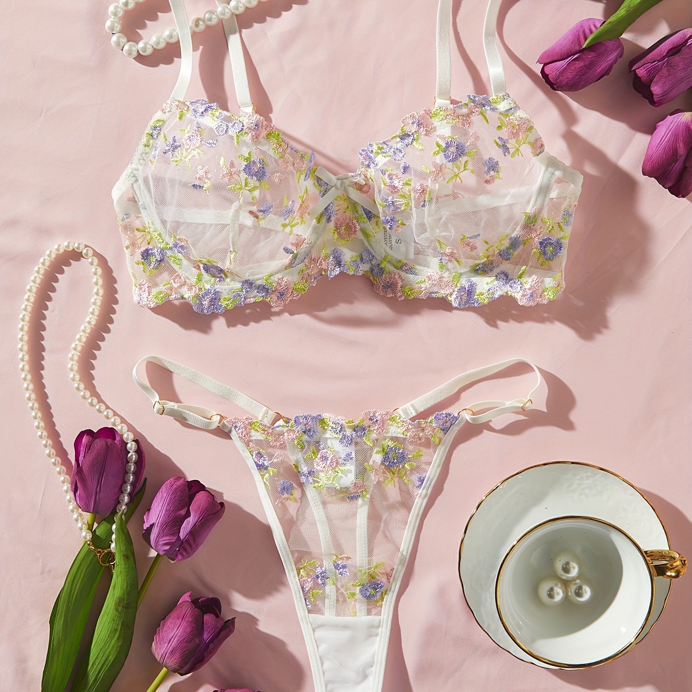 Floral Mesh Lingerie Set - Bra and Thong, Women's Sexy Underwear