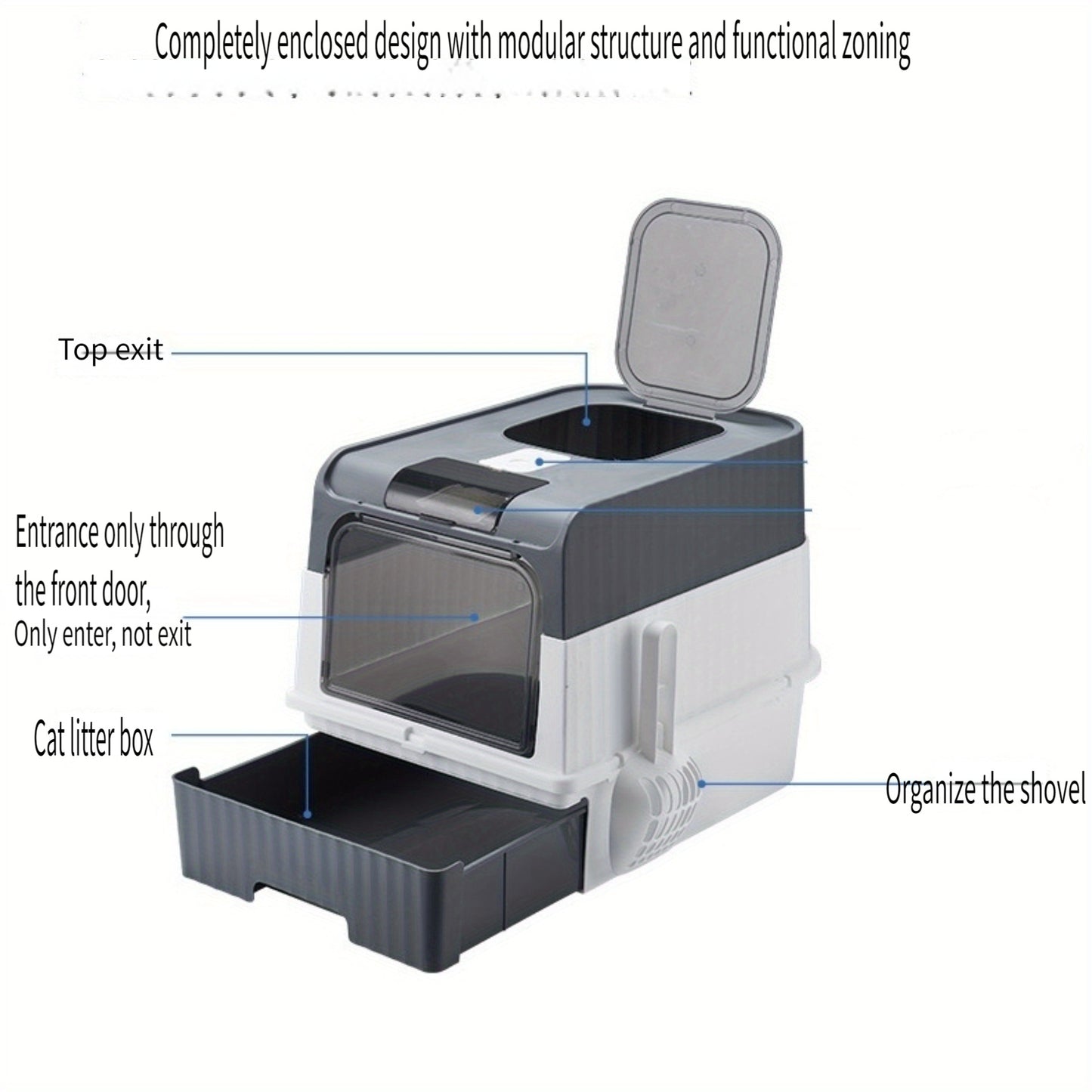 Enclosed cat litter box with deodorizing system made of PP material, fully sealed design for odor control, compatible with carbon transport, suitable for all cat breeds.