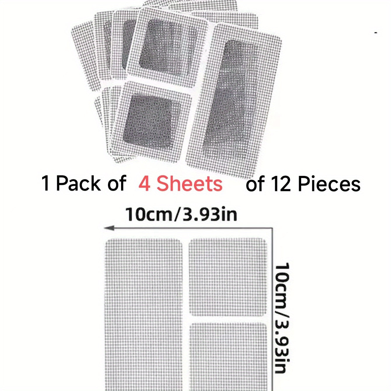 Repair patches for window screens consisting of 12 pieces. These patches are self-adhesive, cuttable, and suitable for repairing holes in screen doors or windows. Additionally, they can be used as mosquito repellents.