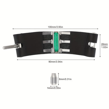 Black faux leather clarinet ligature with adjustable screws and shock-absorbing fastener for B flat clarinet.