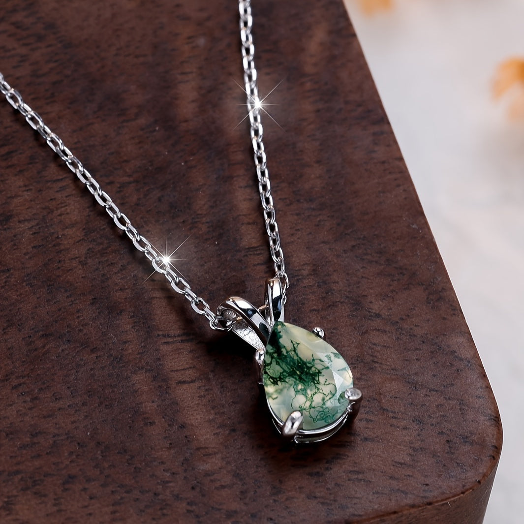 Moss Agate Pendant Necklace made from Green Natural Stone, set in 925 Sterling Silver with an Adjustable Neck Chain for Decoration.