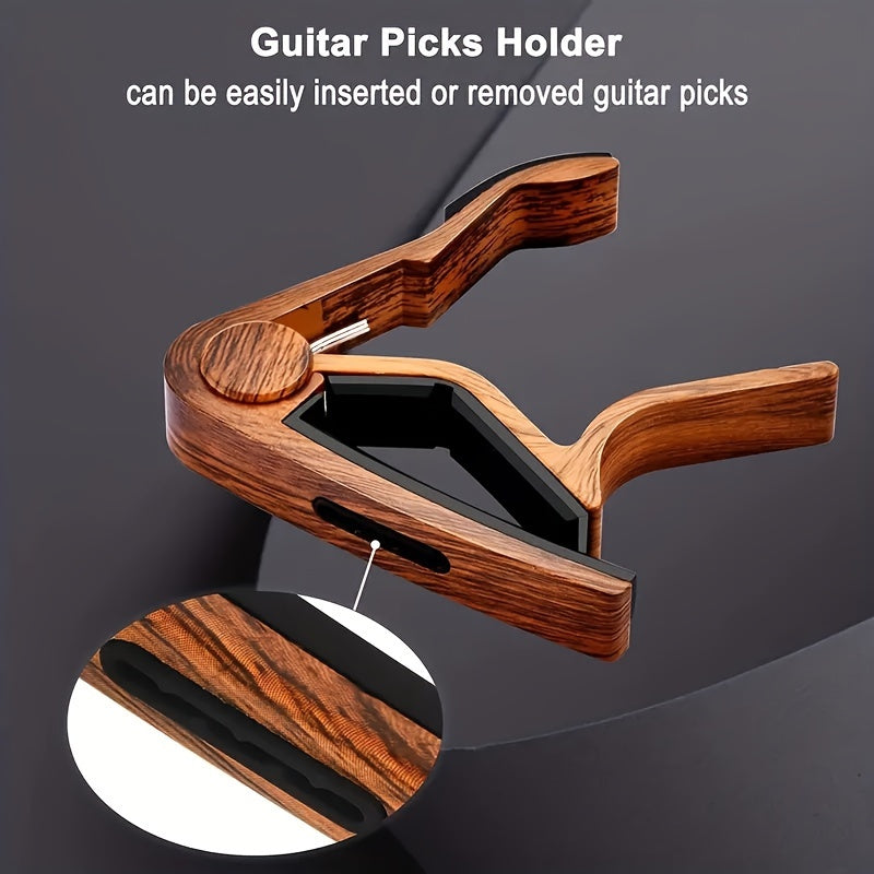 Rosewood guitar capo with pick holder, ideal for a variety of instruments. Comes with picks.