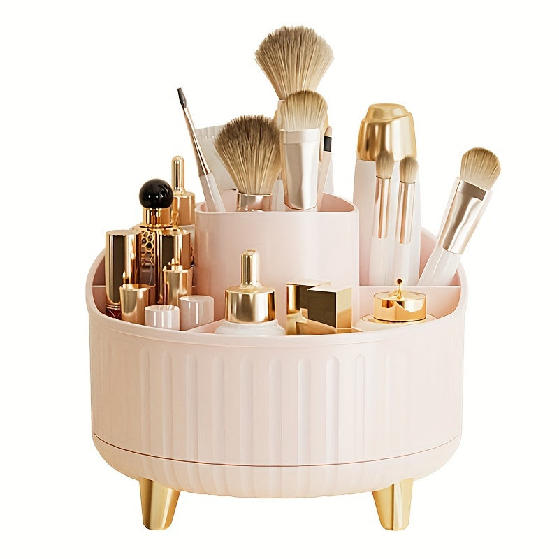 Rotating makeup organizer with large capacity for cosmetics, brushes, skincare, and office supplies. No installation needed, polished finish.