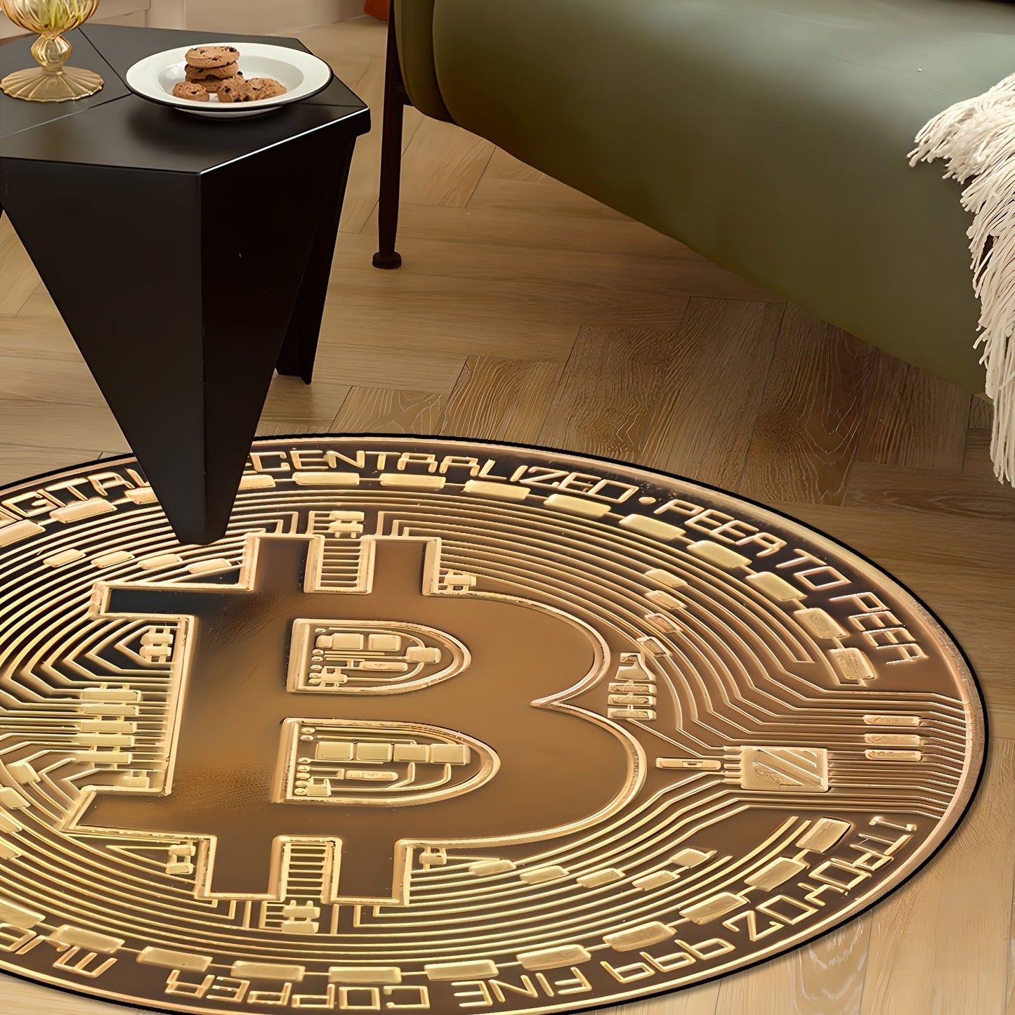 Get yourself the 1pc Bitcoin Pattern Round Rug for a touch of luck and wealth in your home decor! This decorative rug is perfect for your bedroom or living room, and is ideal for holiday parties. It is stain resistant and dustproof, making it easy to