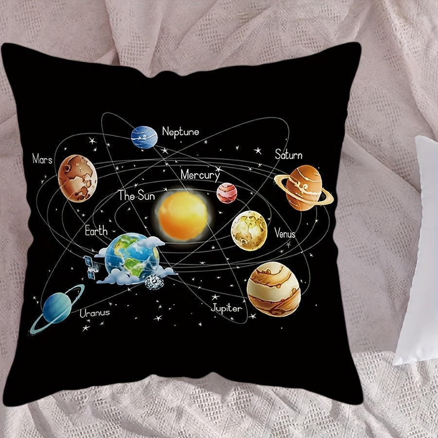 Solar System themed throw pillow cover made of polyester, measuring 44.96x44.96 cm. Features a contemporary style with a single-sided galaxy print including planets and stars. Machine washable with a zip closure for easy removal and cleaning. Perfect for