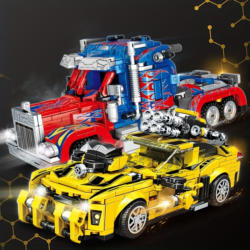 Transforming Robot and Car Building Blocks Set with 1000+ pieces, made of ABS plastic. Creative 2-in-1 model bricks for educational DIY home decor gift.