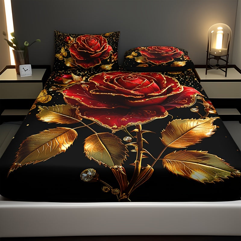 3pcs Golden Rose Floral Digital Print Bedding Set made of 100% polyester. Includes fitted sheet and pillowcases with deep pockets. Machine washable.