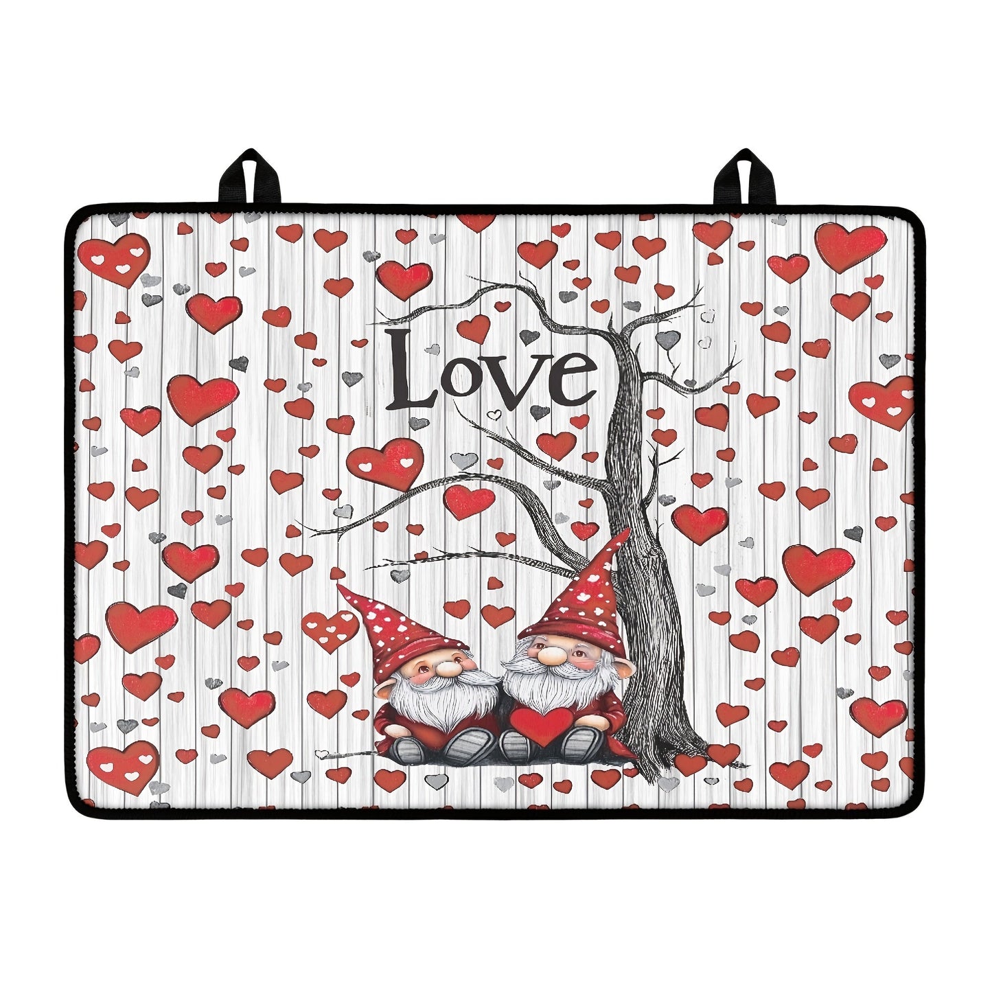 Valentine's Day-inspired stovetop cover featuring a charming gnome and heart design. Made with heat-resistant non-slip material to protect glass and ceramic surfaces from scratches. Perfect for coffee stations, kitchen decor, and more. Easy to wash and