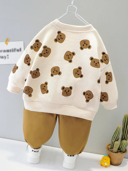 Toddler boys' cute bear print sweatshirt and pants set with crew neck. Made of polyester knit with a regular fit and slight stretch. Featuring an animal pattern, suitable for spring/fall