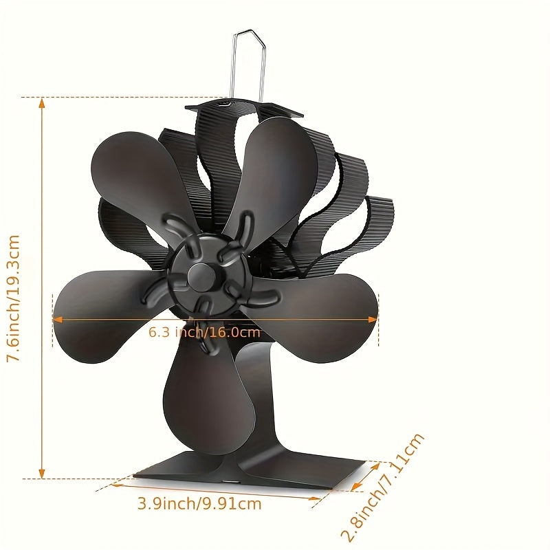 Tabletop Aluminum Wood Burning Stove Fan with Polished 5-Blade Finish, Features High-Speed Air Circulation without Electricity Requirement, Quiet Operation, and Includes Multiple Components