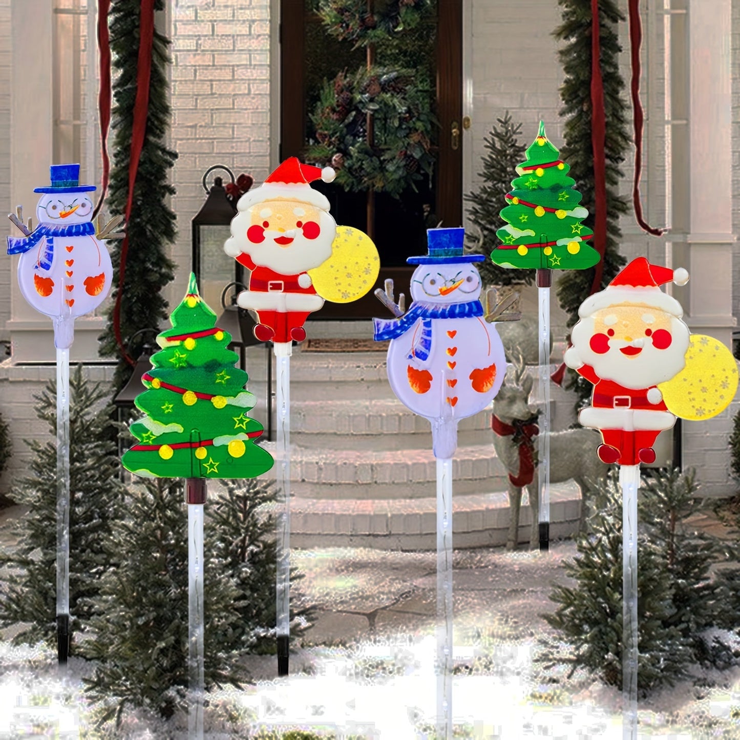 Set of 6 Solar LED Garden Stake Lights featuring Santa, Snowman, and Tree Designs for Christmas Holiday Decor, with 8 Lighting Modes, Solar Powered, made of Plastic, 36V, perfect for Outdoor Festive Lighting