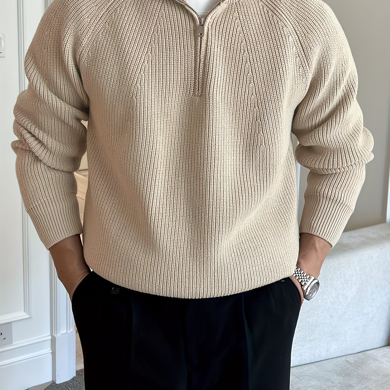 Men's knitted sweater with long sleeves, half zipper, and lapel for winter and fall.