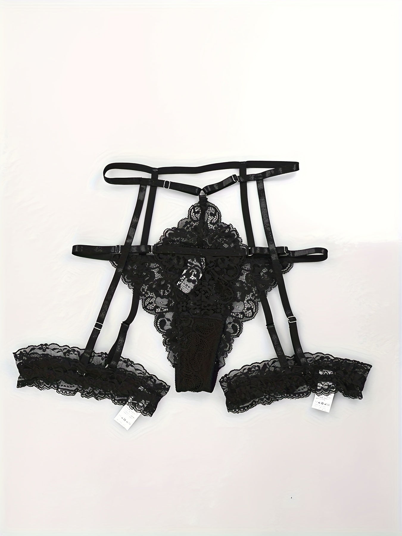 4-piece set of sexy lingerie with lace triangle cup bra, panties, suspender socks, and seduction ring in European and American styles.