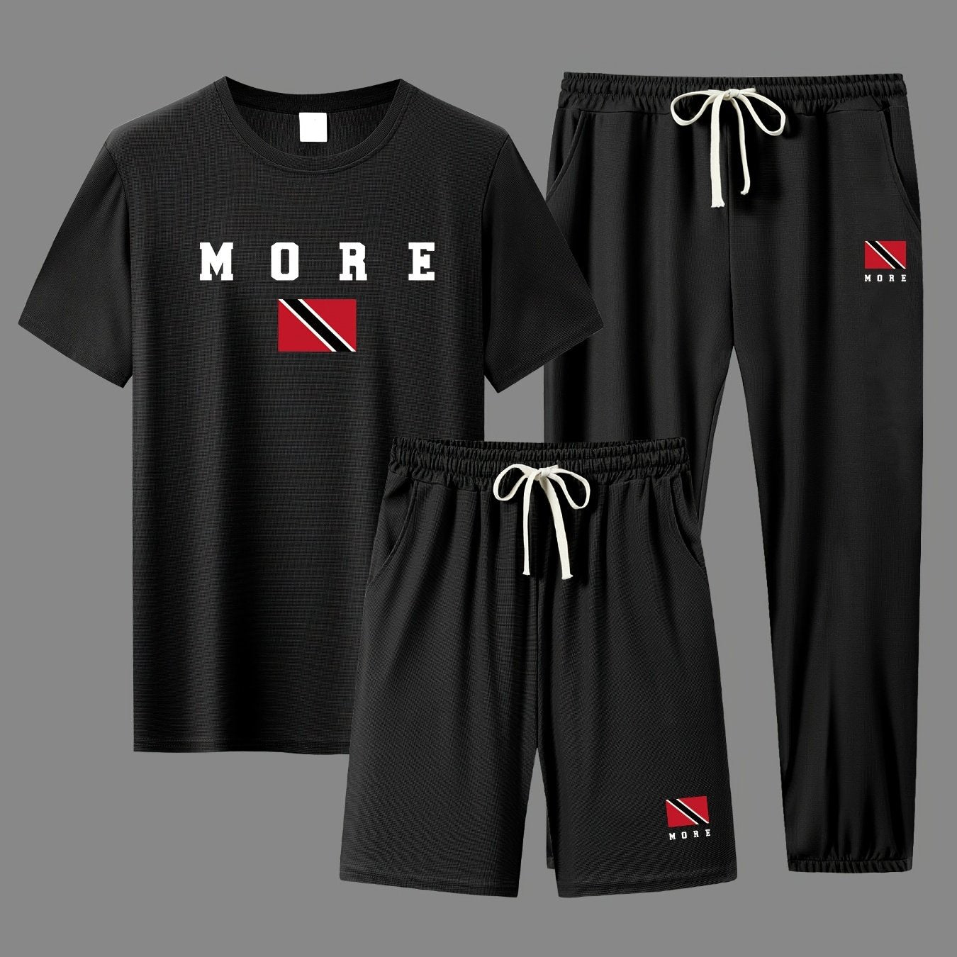 MORE Men's 3-piece Casual Sports Set: includes short sleeve T-shirt, shorts, and pants. Made for breathable summer wear.