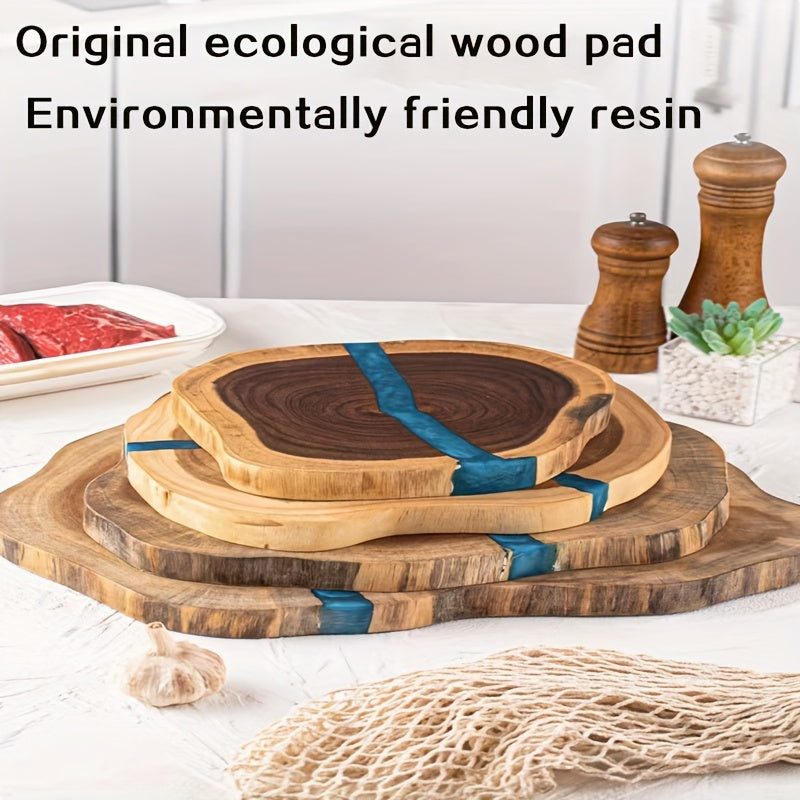 High-quality resin-accented Acacia board for chopping logs and cutting food in the kitchen. Made from ecological wood with a stylish irregular design. Ideal for cutting steak and other foods.