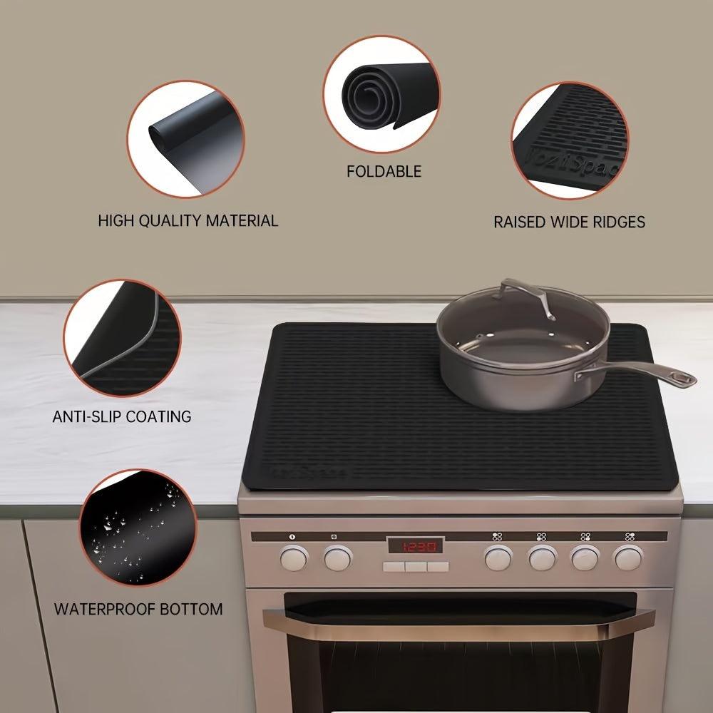 Protect your stove top with this durable Silicone Stove Top Cover Mat. Measuring 71.12cm x 50.8cm, this extra-large mat is heat-resistant and has a textured surface, making it ideal for ceramic and glass cooktops. Use it for drying dishes or protecting