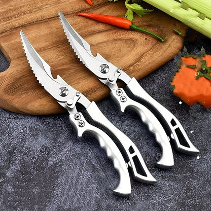 Steel kitchen shears made of stainless steel with automatic return feature, ideal for cutting chicken bones and various kitchen tasks.