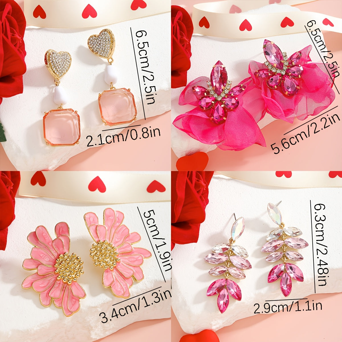 Stylish Valentine's Day Rhinestone Flower & Heart Dangle Earrings in Sweet Pink Zinc Alloy Drop style, featuring Stainless Steel Posts. These Luxury Fashion Earrings for Women are ideal for parties and as gifts.