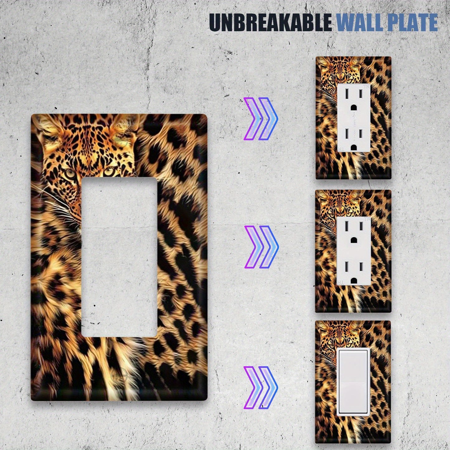 Leopard fur print wall plate cover for indoor and outdoor home decor.