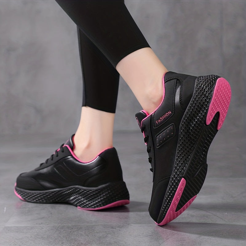 Women's water-resistant running shoes with lace-up closure, solid color, low top design, microfiber upper, fabric inner, and EVA sole.