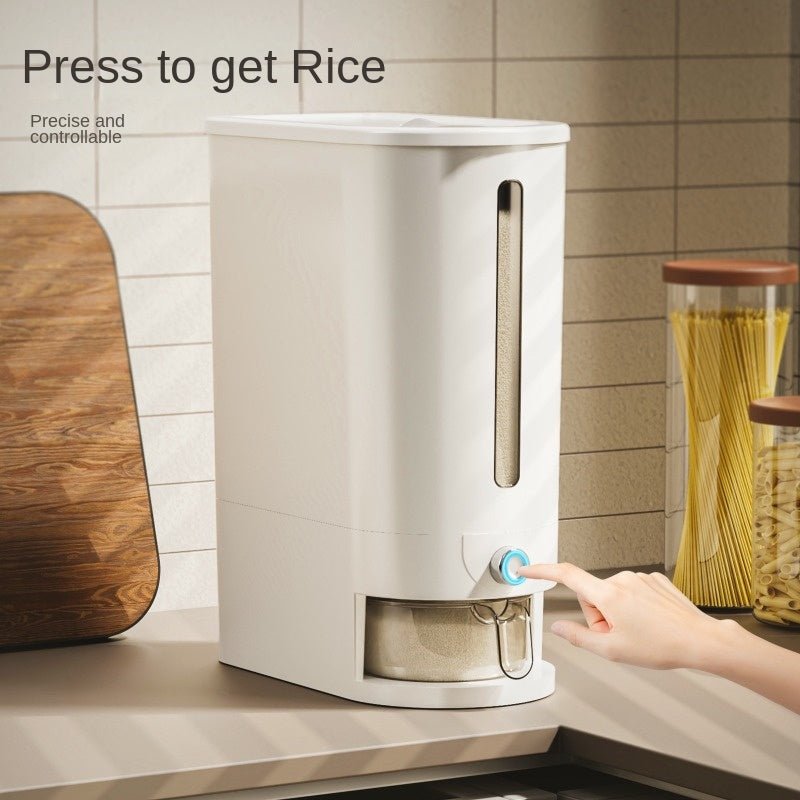 Airtight rice dispenser with measuring cup in 176oz and 352oz sizes for storing grains and more, moisture-proof and food-grade container with press gap.