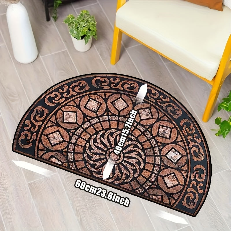 Add a touch of elegance to your entryway with our chic semi-circular front door mat. This chunky, durable mat is stain-resistant and features a non-slip back, making it perfect for use on entrance carpets in your porch or interior spaces. Elevate your