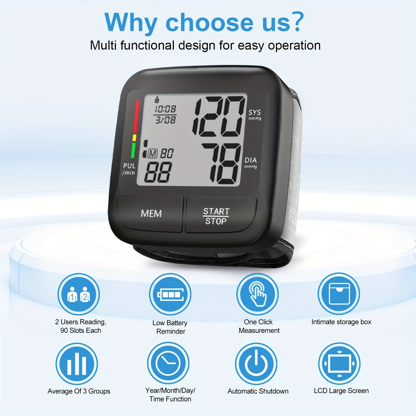 Portable wrist blood pressure monitor with large LCD display, automatic digital device, includes wrist strap and PP box.