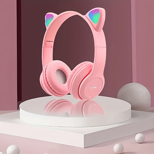 Wireless LED headphone ear muffs with foldable design, volume control, and rechargeable battery for various devices.