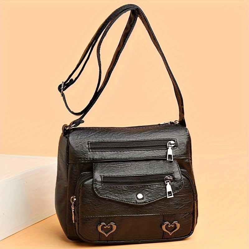 Brown Crossbody Bag with Adjustable Strap, Multiple Compartments, Heart Studs - Lightweight and Versatile